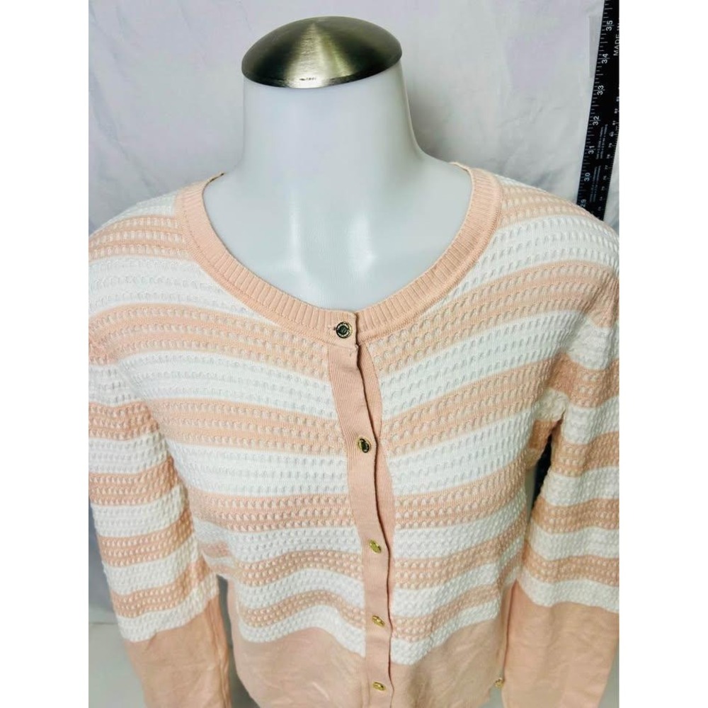 Calvin Klein ~ Women Striped Button Front Cardigan ~ Peach & White ~ Size Small - Picture 2 of 10